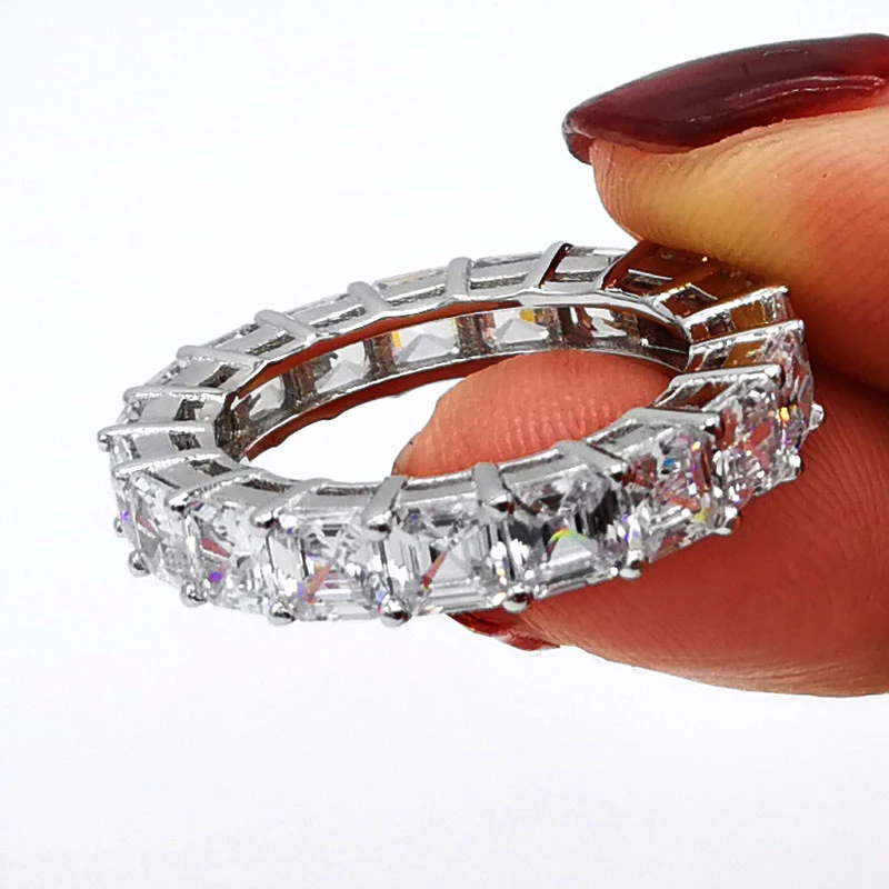 Eternal 925 SILVER PAVE Asscher cut FULL SQUARE Simulated Diamond ETERNITY BAND ENGAGEMENT WEDDING Rings Jewelry