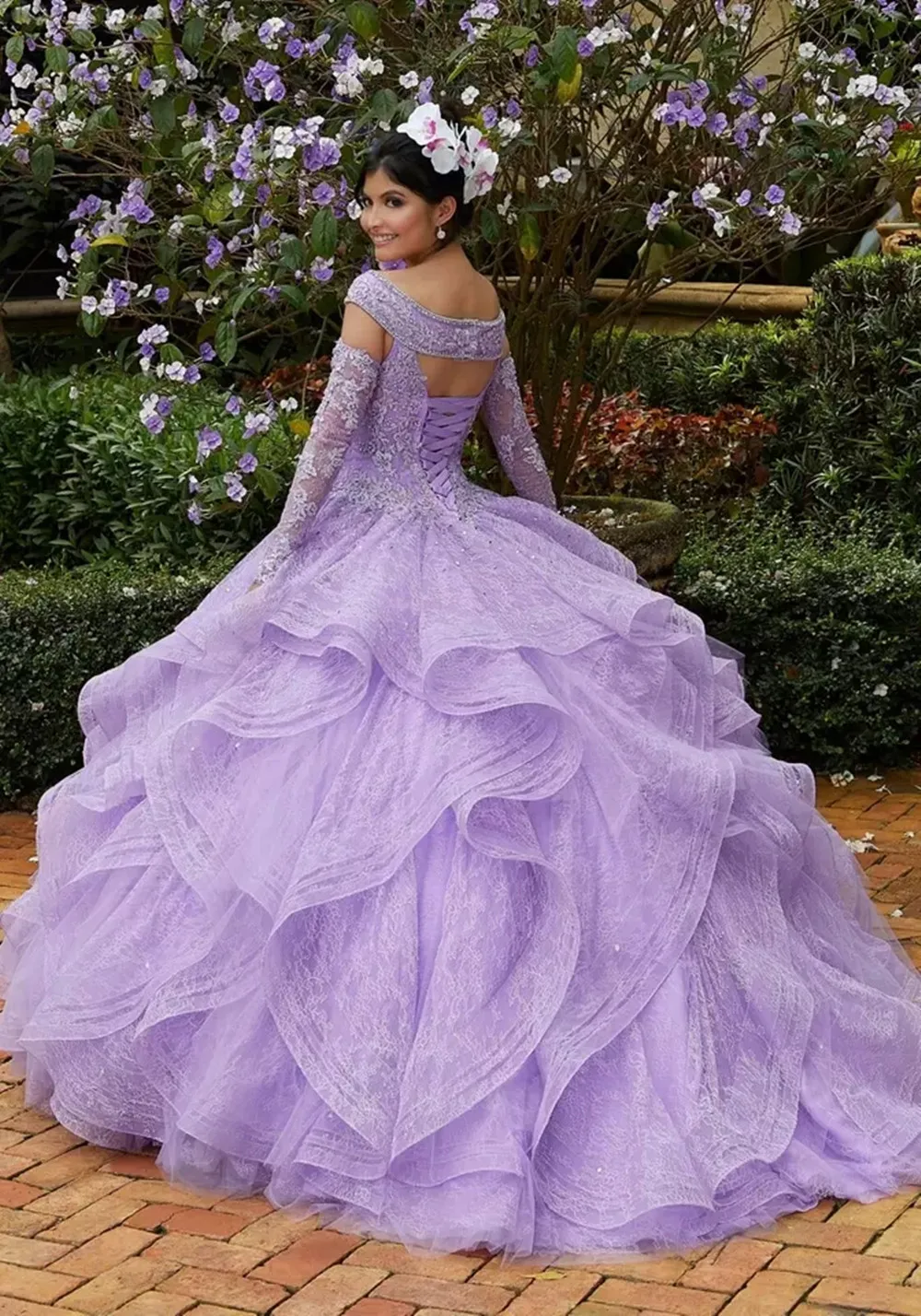 Vestidos de quinceañera morados claros de manga larga desmontable, vestido de fiesta de princesa con cuentas de encaje, fiesta dulce 15, cuello redondo escalonado personalizado