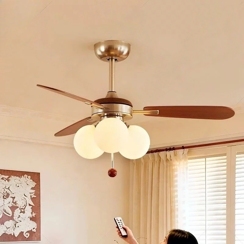 French Mid Century Vintage Creative Magic Bean Walnut Metal LED Ceiling Fan Light Dining Living Room Decor Novelty New Energy