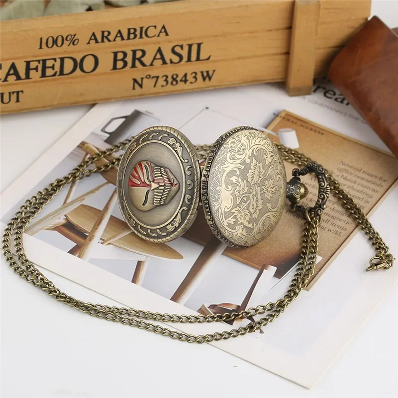 Retro Bronze Clown Pattern Men Women Quartz Pocket Watch Full Hunter Design Pendant Necklace FOB Chain Clock Antique Timepiece