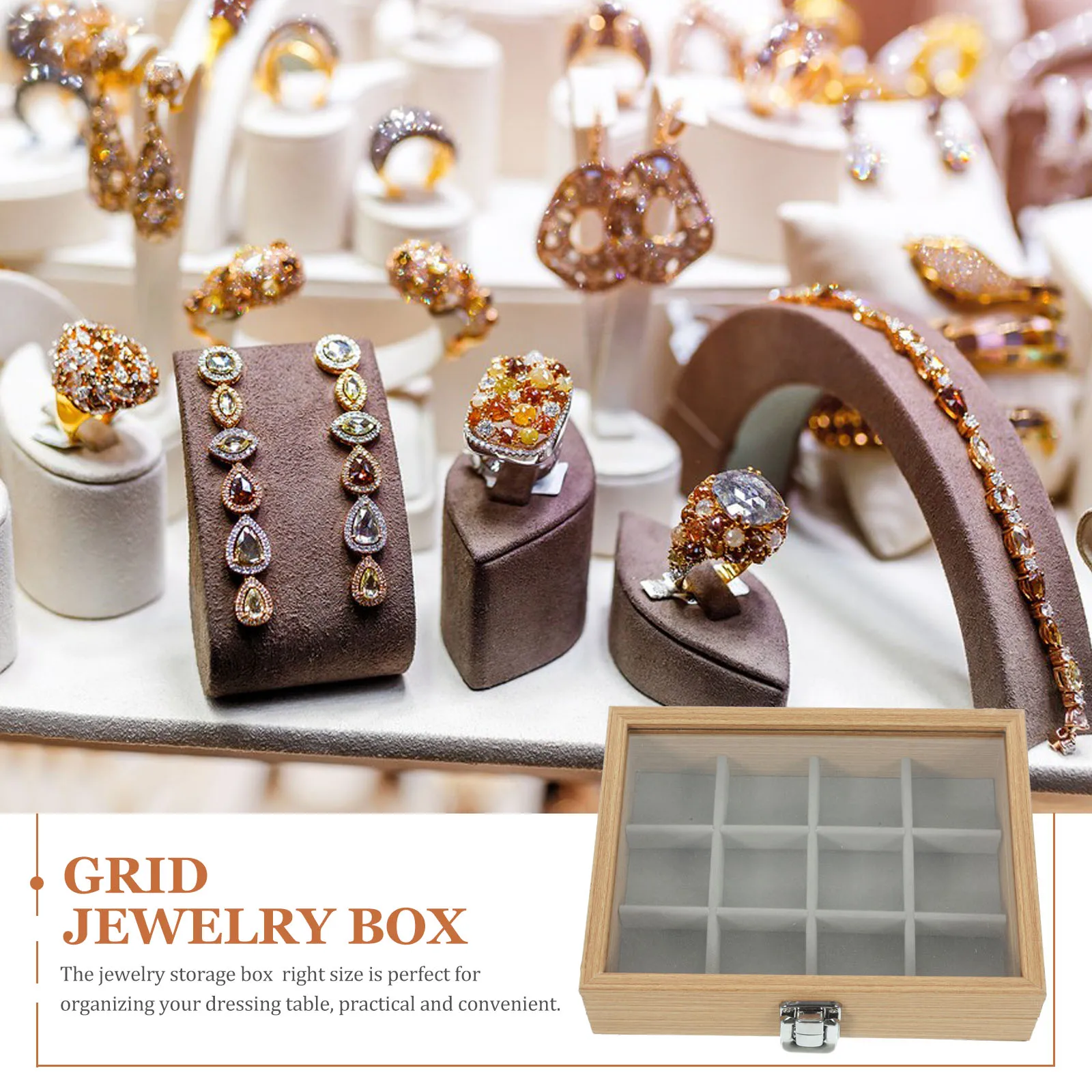 

Wooden Jewelry Box 12 Grids Small Clear Lid Storage Organizer for Rings Earrings Necklace Travel Display Multi Compartments
