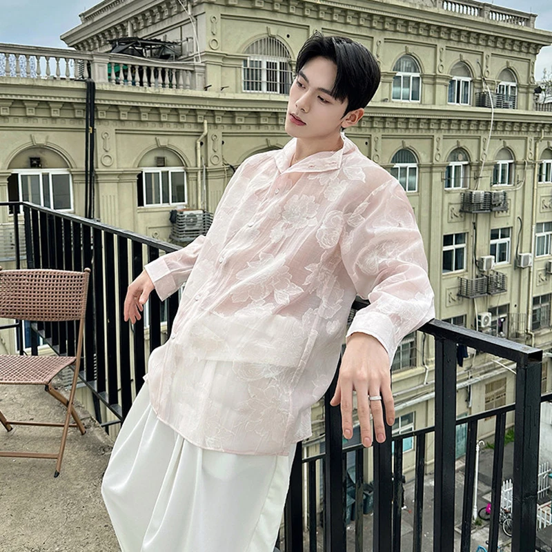 WTHT Fashion Men's Spliced Flower Design Loose Shirts Trendy 2026 Summer Stand Collar Single Breasted Tops Male 2A3110