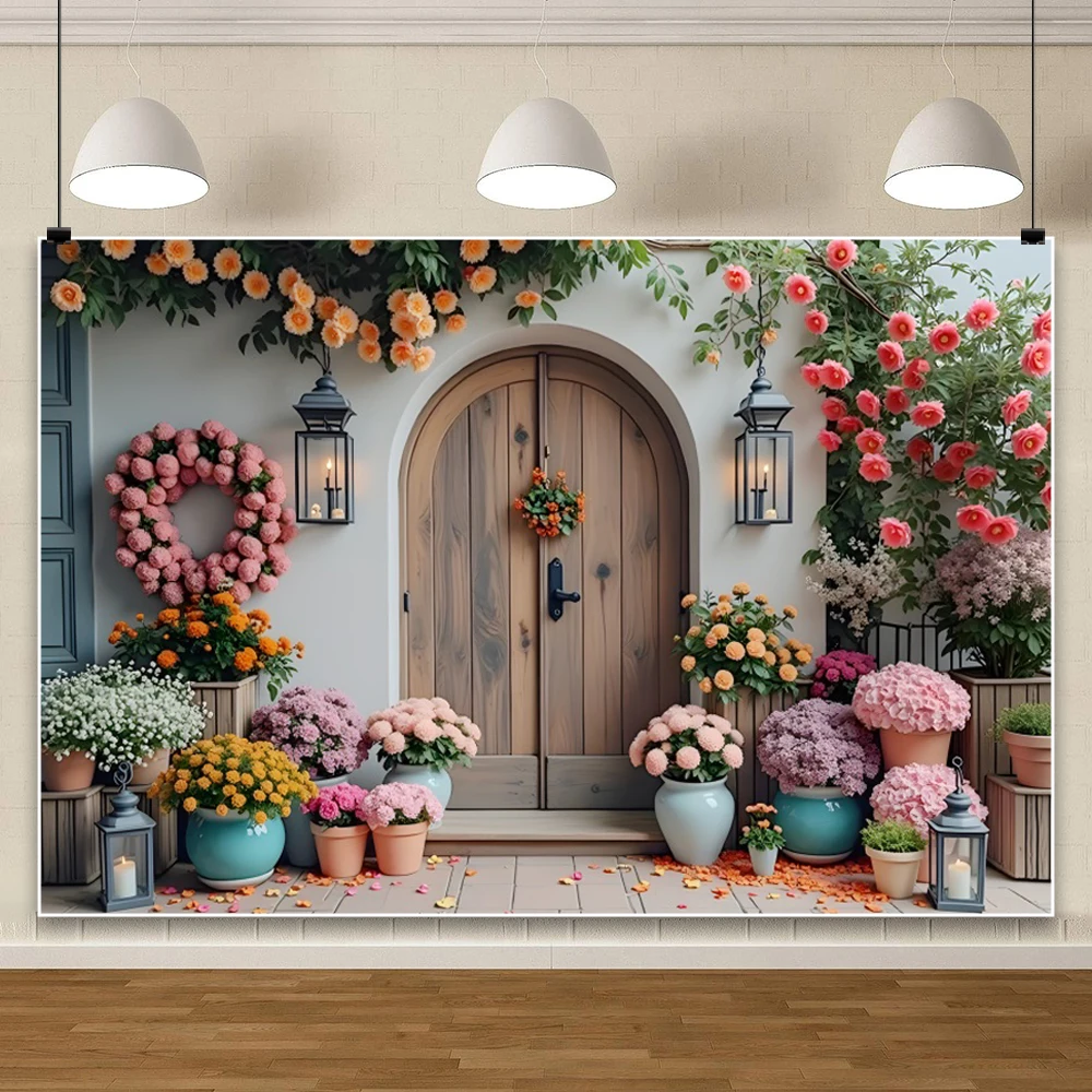 소박한 꽃 집 웨딩 사진 배경 아치 문짝 나무 보드 바닥, 아기 초상화 배경 사진 스튜디오 소품