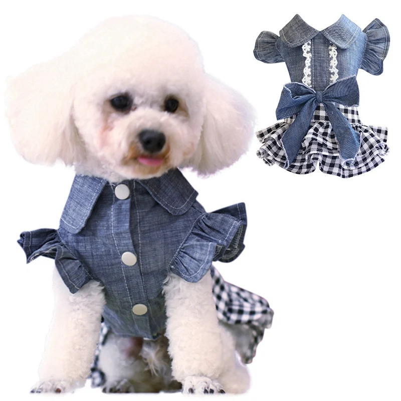 Pet Spring Summer Cowboy Clothes Dog Girls Plaid Denim Dress Small Medium Dogs Bubble Bowknot Skirt Pet Puppy Shirt Jumpsuit