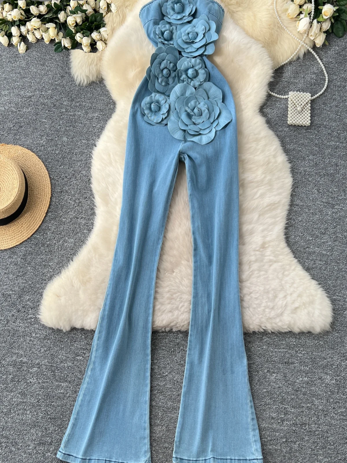 

Advanced Sense of Heavy Three-dimensional Flowers Sleeveless Busted Waist Thin Denim Jumpsuit Female Spring