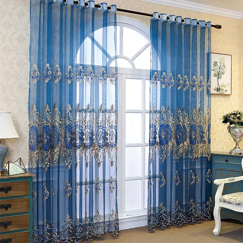 Luksusowe haftowane zasłony do sypialni Royal Blue Gold Jacquard Floral Tulle for Farmhouse Gazebo Window Drapes