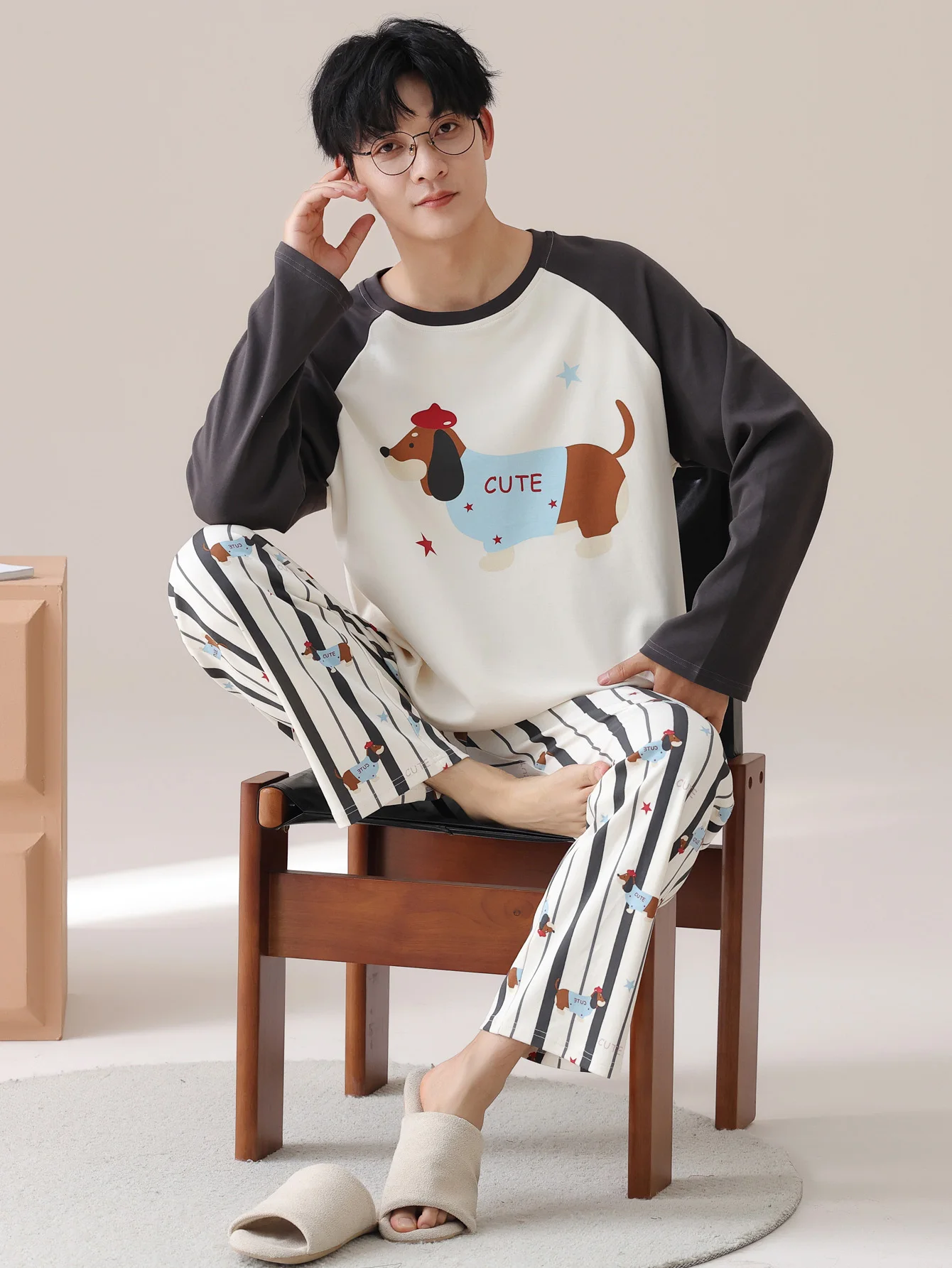 Men's 100% cotton long sleeved four season plus size men's sleepwear, teenage pure cotton home suit set for warmth