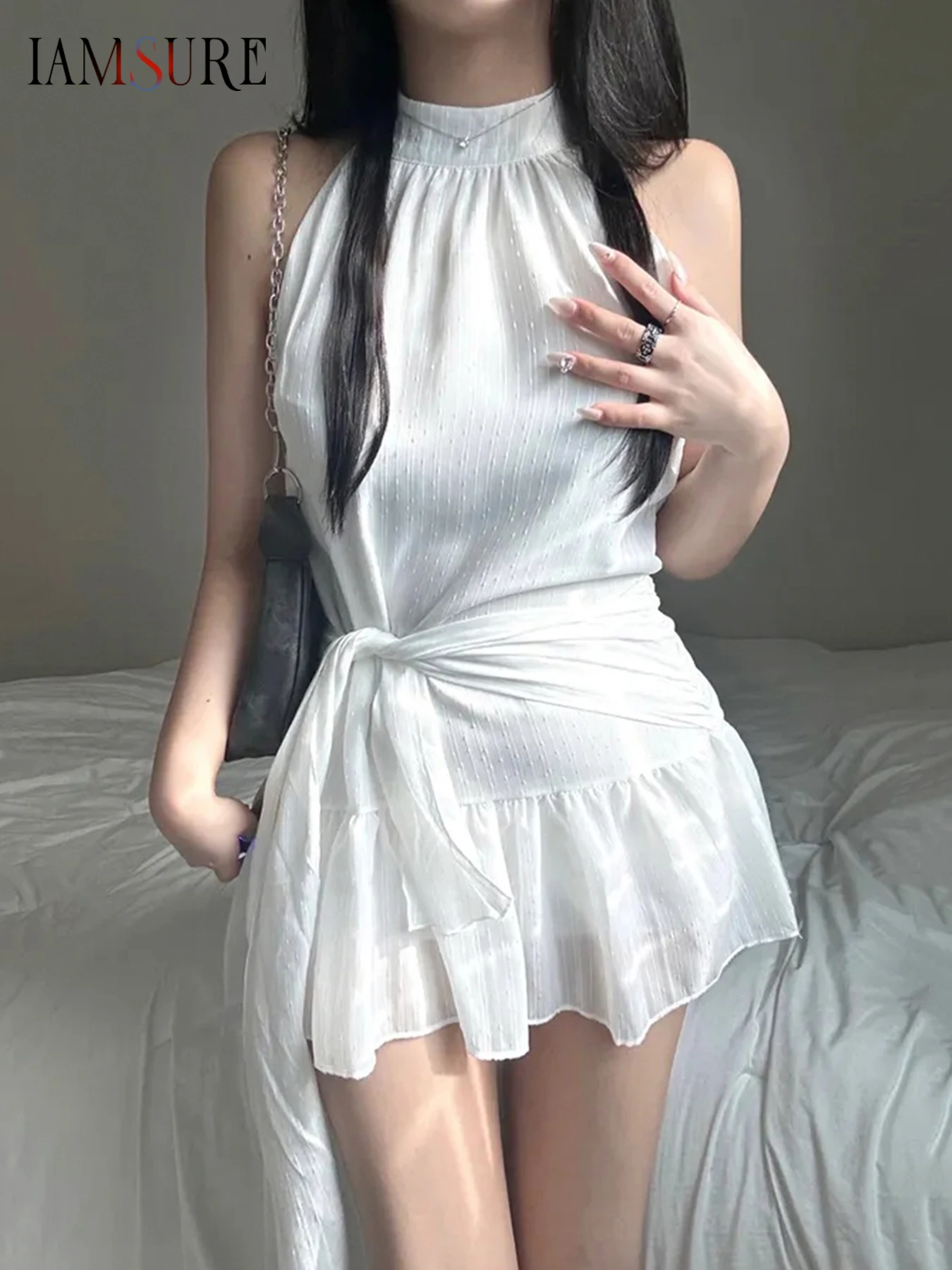 

IAMSURE Elegant Fashion Bandage A-Line Dress Sexy Slim O-Neck Sleeveless Mini Dresses For Women 2025 Summer Fashion Streetwear