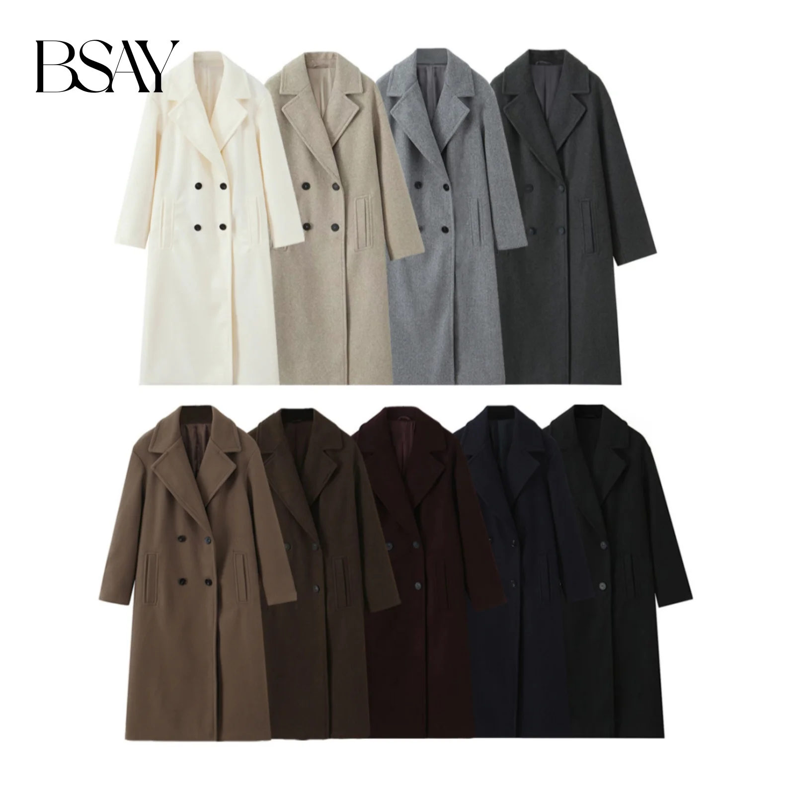 

BSAY Loose Soft Coat for Women Fashion Autumn Winter New Pocket Solid Color Long Sleeved Double Breasted Coats Jacket Mujer