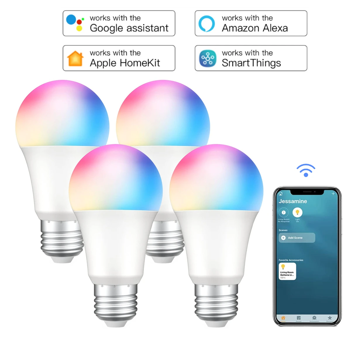 Lampadine a LED intelligenti da 4 pezzi funziona con Apple HomeKit,Siri ,Alexa, Google Home,SmartThings lampada RGBCW multicolore dimmerabile 9W E27
