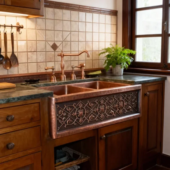 Old World Style Handcrafted Copper Farmhouse Sink Custom Single or Double Bowl Apron Front Design Hammered Villa Kitchen Basin