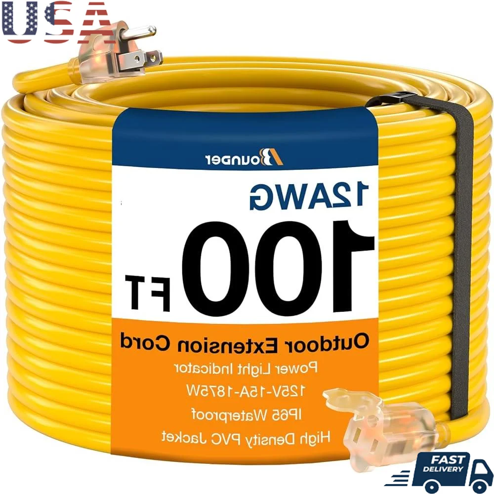 

BBOUNDER Outdoor Extension Cord 100 FT Waterproof 12/3 SJTW Heavy Duty 15A 1875W Flexible 100% Copper 3 Prong Cords Commercial