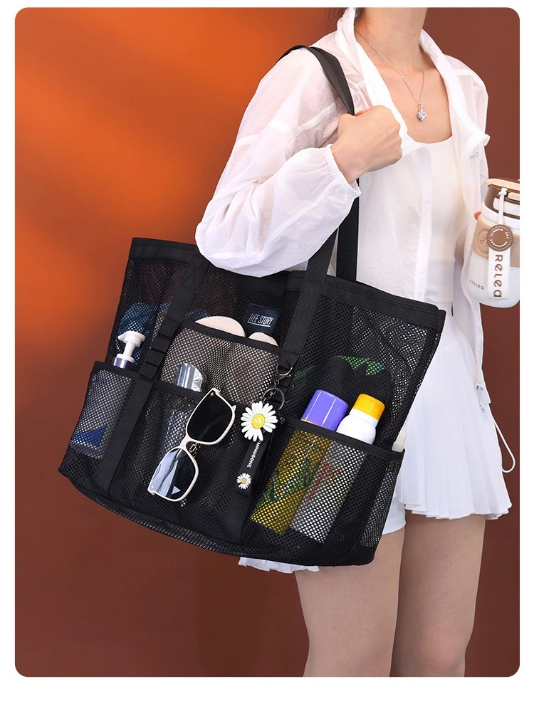 Atmungsaktive Mesh-Strandtasche mit mehreren Aufbewahrungstaschen, übergroße, schnell trocknende, wasserdichte Schultertasche für Sommersport im Freien – Detail 2