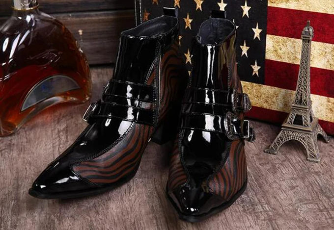 Black Patent Leather Belt Buckles White Brown Zebra Horsehair Mixed Color Increasing Square Heel Ankle Boots Man Short Boots