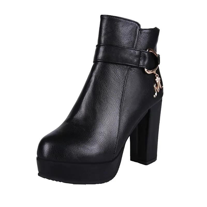 2024 Women Fashion Ankle Boots New Warm Velvet Chunky High Heels Shoes Snow Boots Comfort Soft Leather Cotton Shoes