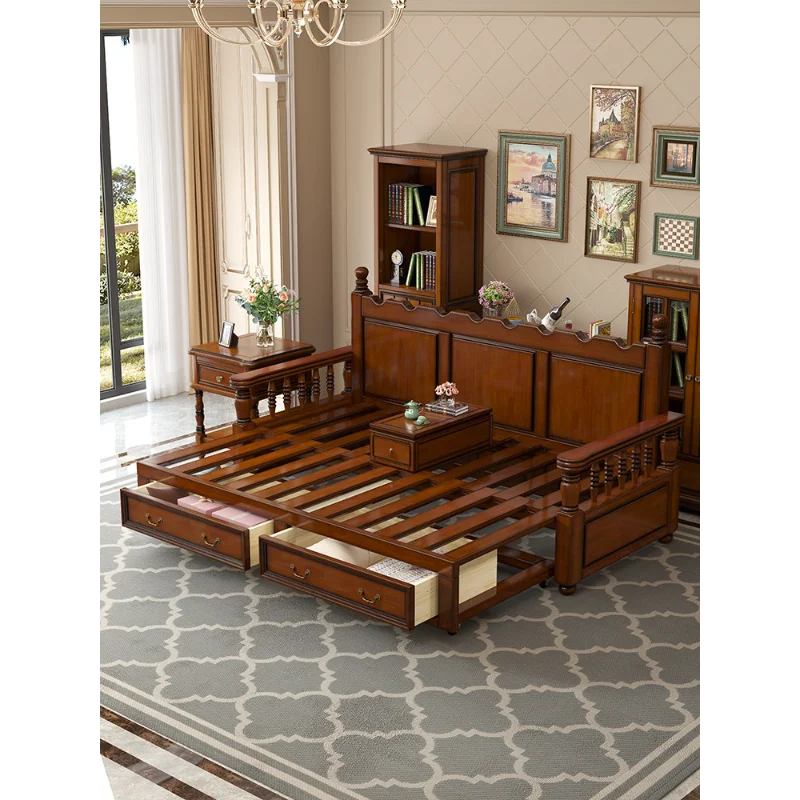 أريكة سرير خشبية صلبة ريفية كلاسيكية أمريكية قابلة للطي سرير أرهات مزدوج شقة صغيرة قابلة للسحب للجلوس والاستلقاء مزدوجة P