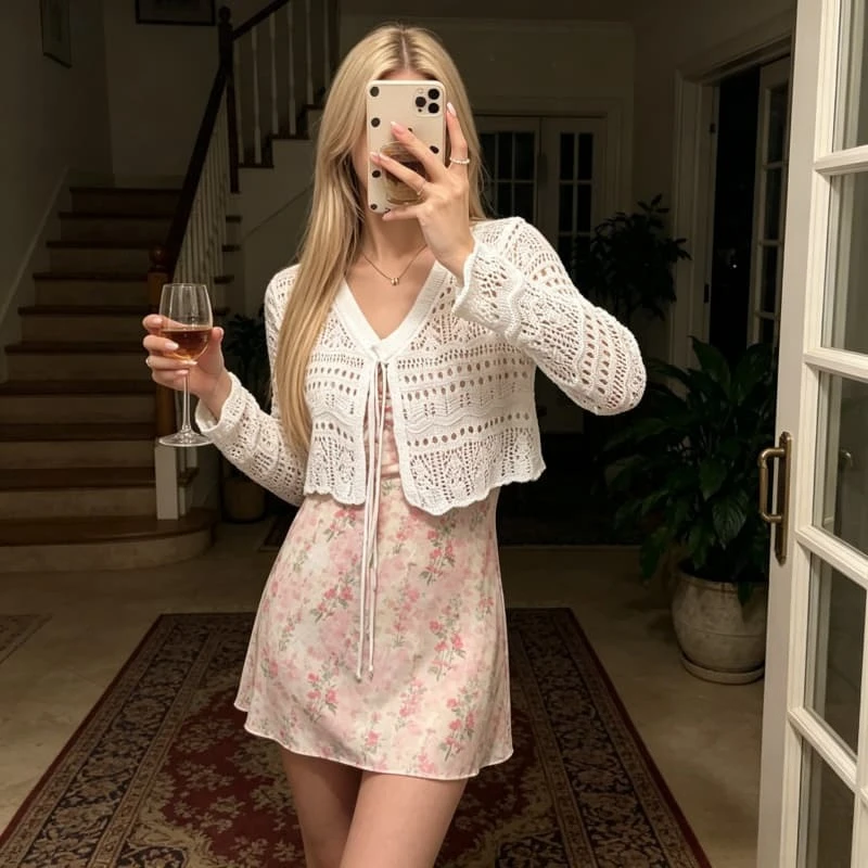 2026 New Summer Women's Crochet Knit Cardigan, V-Neck Tie Front Long Sleeve Cropped Bolero Shrug, Hollow Out Lace Knit Top