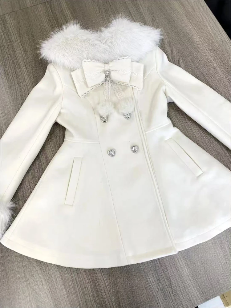 Japanese Autumn Winter Elegant Kawaii Coat Women Faux Fur Collar Long Sleeve Tops Casual Lolita Bow Button Warm Sweet Jacket New