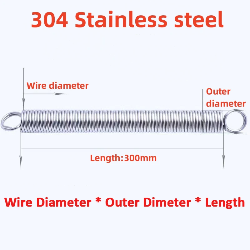 Length 300mm 304 stainless steel Dual O Ring Hook Long Expansion Tension Spring Extension Pullback Tensile Spring Wire Dia 3/4mm