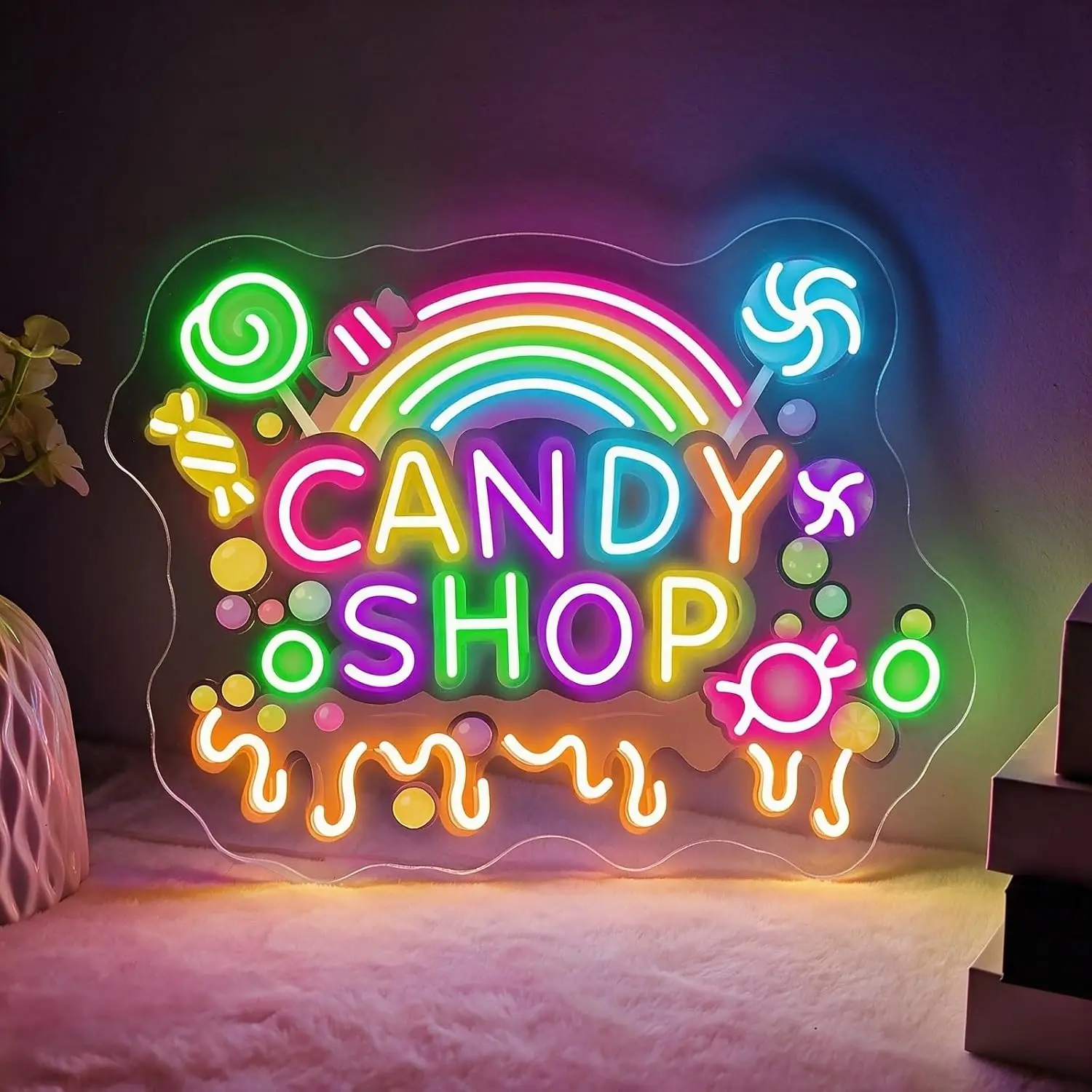 Candy Shop Rainbow Lollipop LED Neon Sign USB Powered Neon Light for Business Sweet Shop Bedroom Party Wall Decor Christmas Gift