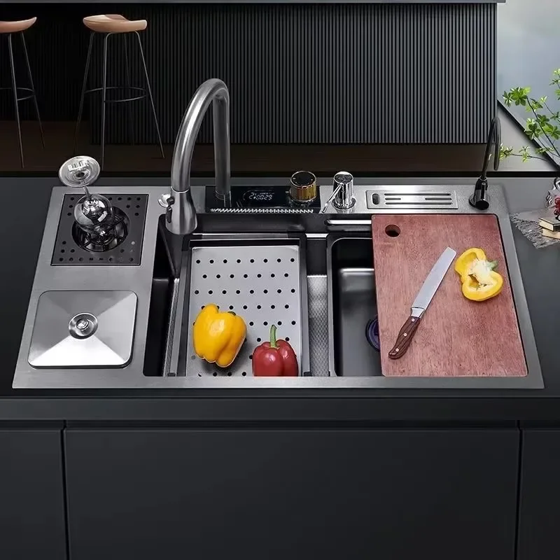 

Multifunctional Vegetable And Bowl Wash Sink,Stainless Steel Kitchen Sink Waterfall with Trash Can Cup Extra Large Single Slot