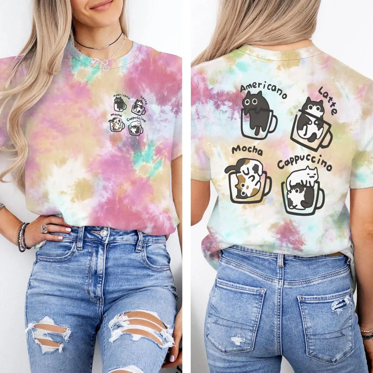 

Cat Lover Gift Tie Dye T-Shirt "Cat Coffee" Graphic Tee Perfect for Cat Moms Coffee Lover Top Cute Cat Design Short Sleeve Tee