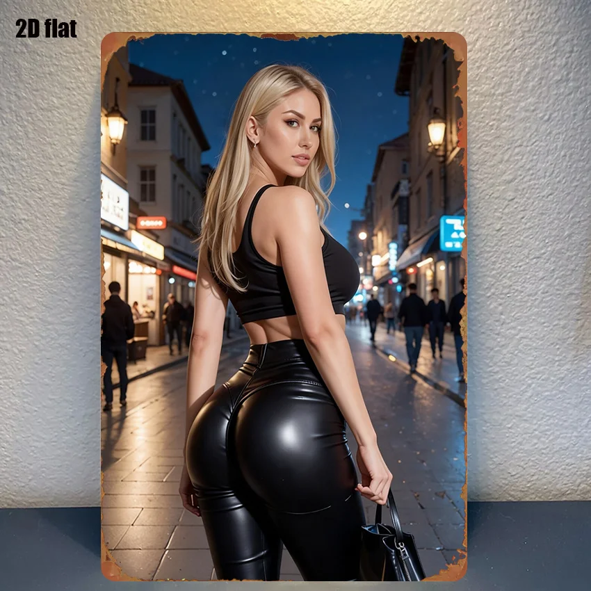 1pc Sign Featuring a Fashionable Woman on a Night Street, Metal Plaque, Vintage Country Style, 20.32*30.48 cm
