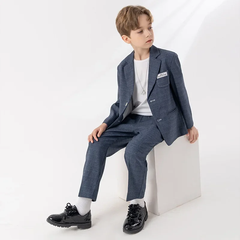 Boys Grey Blue Slim Fit Suits Formal Wear Childrens Teenagers Best man Performance Host Clothes Kids Students Party Full Dress