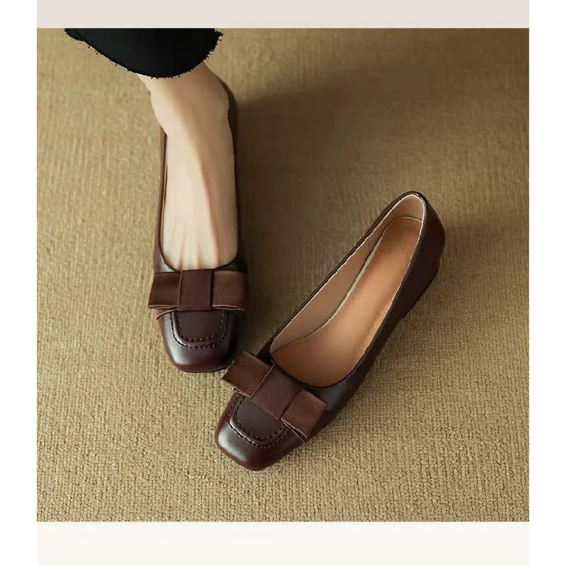 ​ ​ 2025年新作 レディース フレンチスタイル パンプス - リボン飾りチャンキーローヒール 快適フラットシューズ 春秋 ヴィンテージ カジュアルシューズ