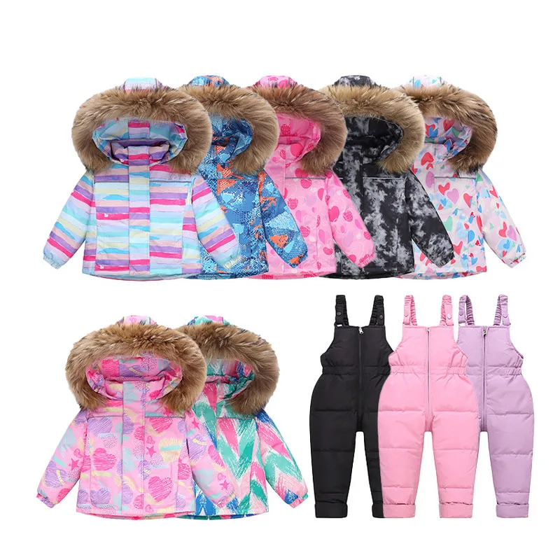 

2025 Winter Children Down Coat 2PCS/SET Cartoon Printed Thicken Coat+ Zipper Kids Baby Girls Overalls Jumpsuit
