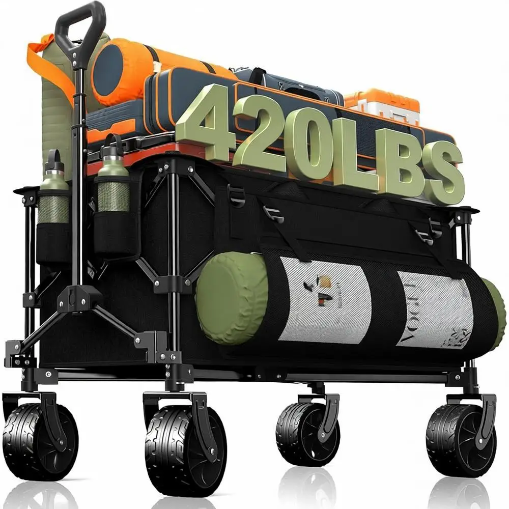 

Collapsible Wagon Carts, 420LBS Heavy Duty Folding Beach Cart, All-Terrain Wheels, Portable Utility Wagon, Grocery, Shopping, Ga