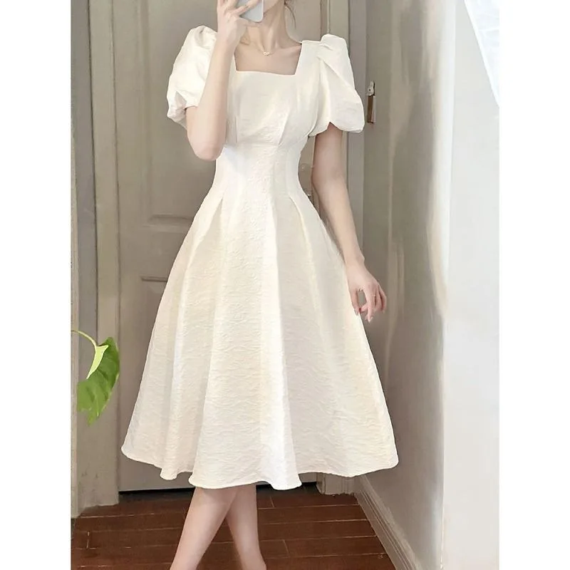 

Summer New Arrival Midi Dress With Puff Sleeves A Line Flowy Princess Dress Elegant Feminine Fashion For Women Trendy Casual