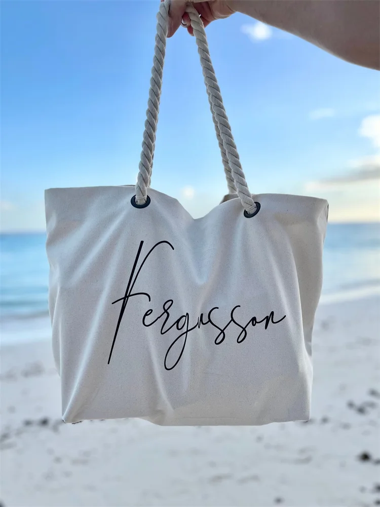 Custom name Beach Bag | Personalized Holiday Bag with rope handle | Personalised Gift for her | Nautical Beach Tote | Honeymoon