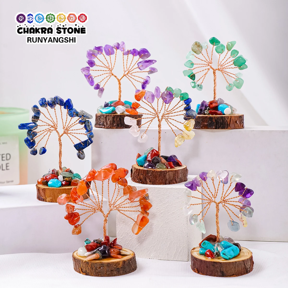 1PC Natural Crystal Tree Wood Base Handmade Tree Of Life Small And Compact Mineral Specimen Home Decoration Gifts