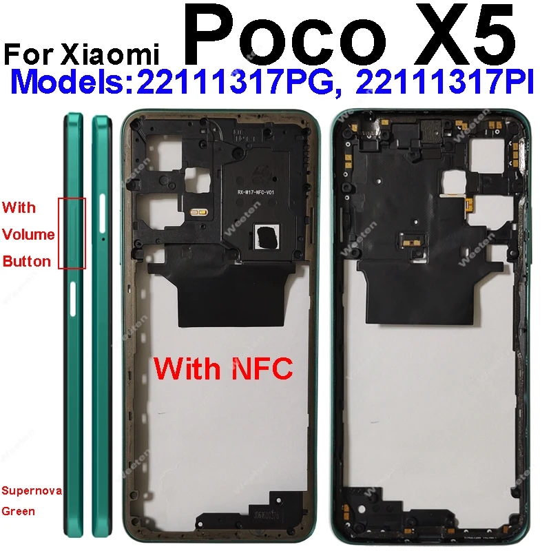 Middle Frame For Xiaomi Poco X5 Poco X5 Pro With NFC Back Cover Housing Front Frame Chassis with Volume Buttons Repair Parts