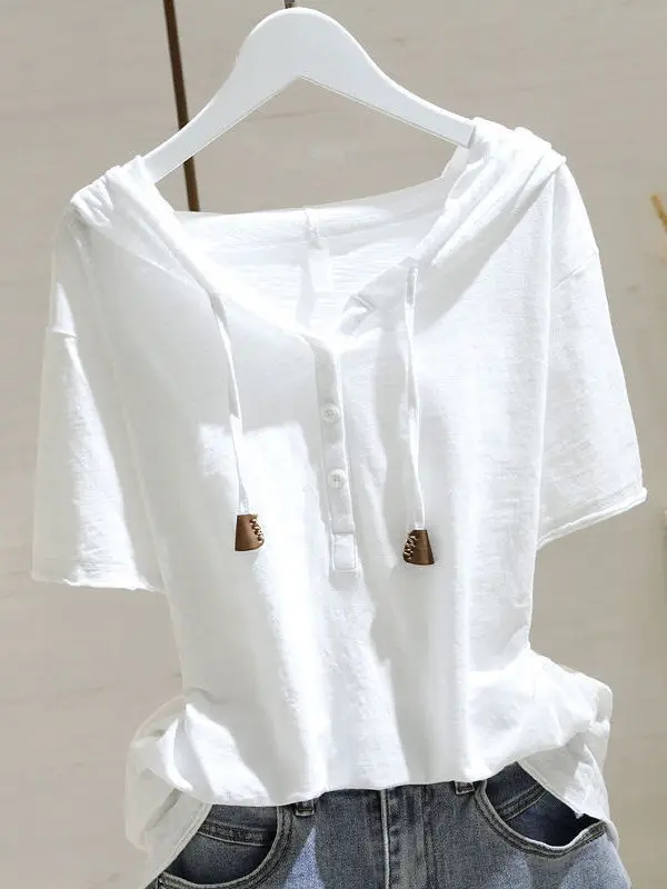 Cseta de aodón de manga corta con capucha de estilo europeo a la moda, Top de talla ande para mujer, versión coreana I...
