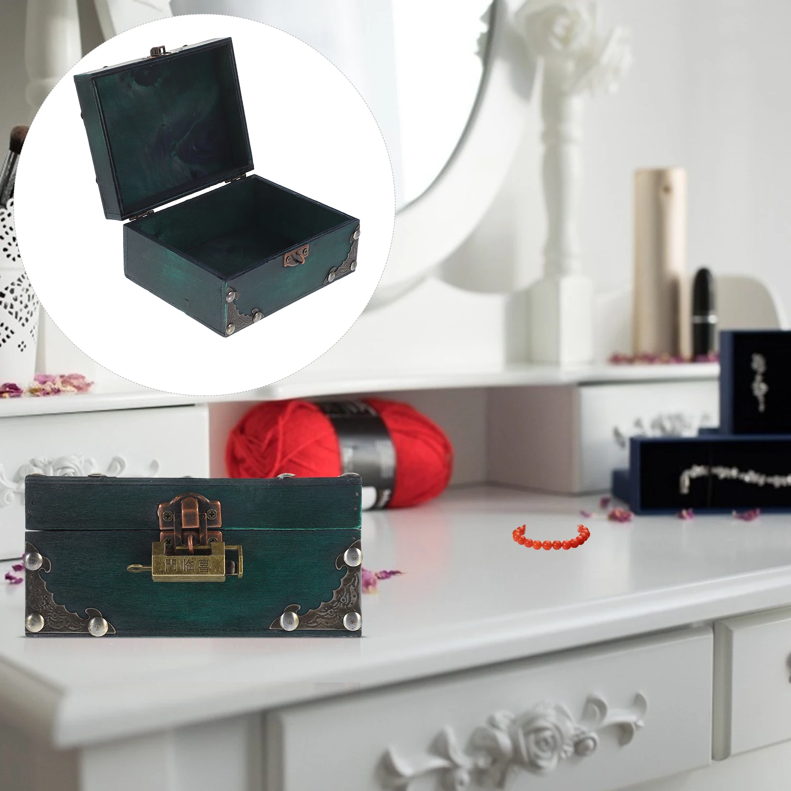 

Vintage Wood Jewelry Storage Box Small Treasure Chest Decorative Trinket Organizer Lock Retro Style for Home Bedroom