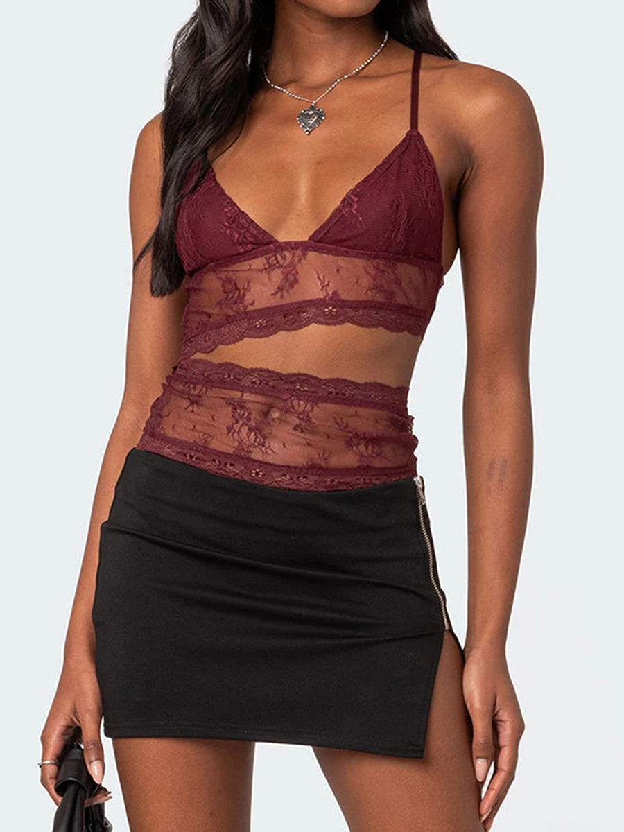 Camisole en Dentelle Transparente pour Femme, Col en V, Bretelles Spaghetti, Glace Transparente, Coupe Slim, Nombril Précieux