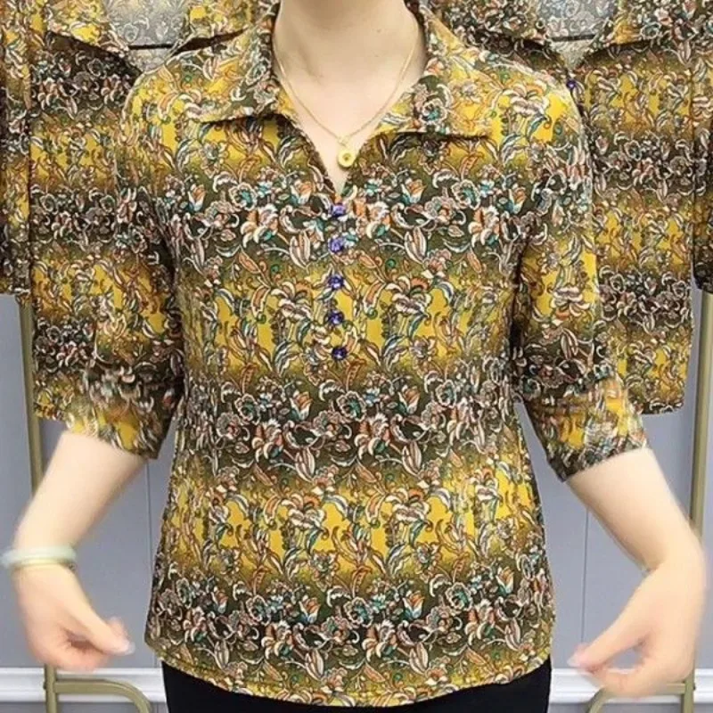 

Fashion Loose Elegant Casual Half Sleeve Shirts Summer Women's 2025 New Blouses Splicing Pullover Turndown Collar Button Print