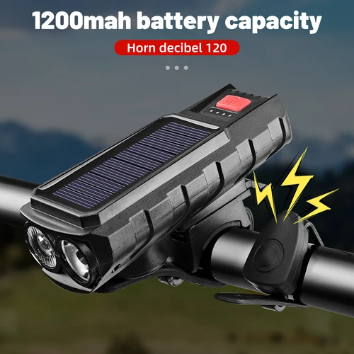Imagen 1 del producto Luz delantera de bicicleta Solar TYPE-C recargable MTB luz delantera de carretera linterna de alto brillo 120dB con bocina led frontal de ciclismo