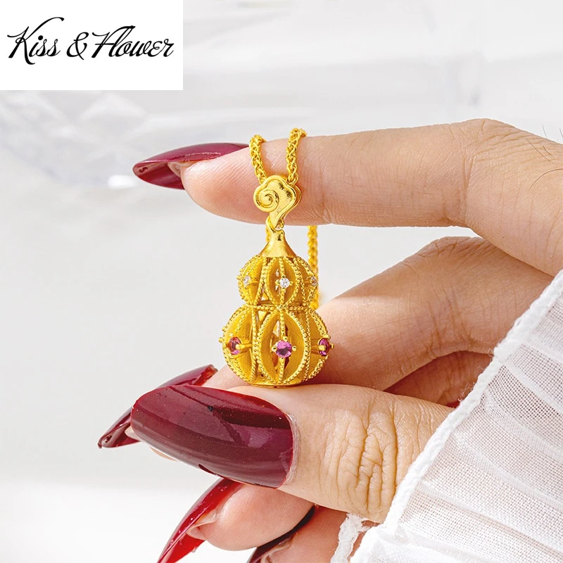 

KISS&FLOWER 24KT Gold Vintage Calabash Necklace Pendants For Women Wedding Party Birthday Christmas Bride Mother Lady Gift PD222