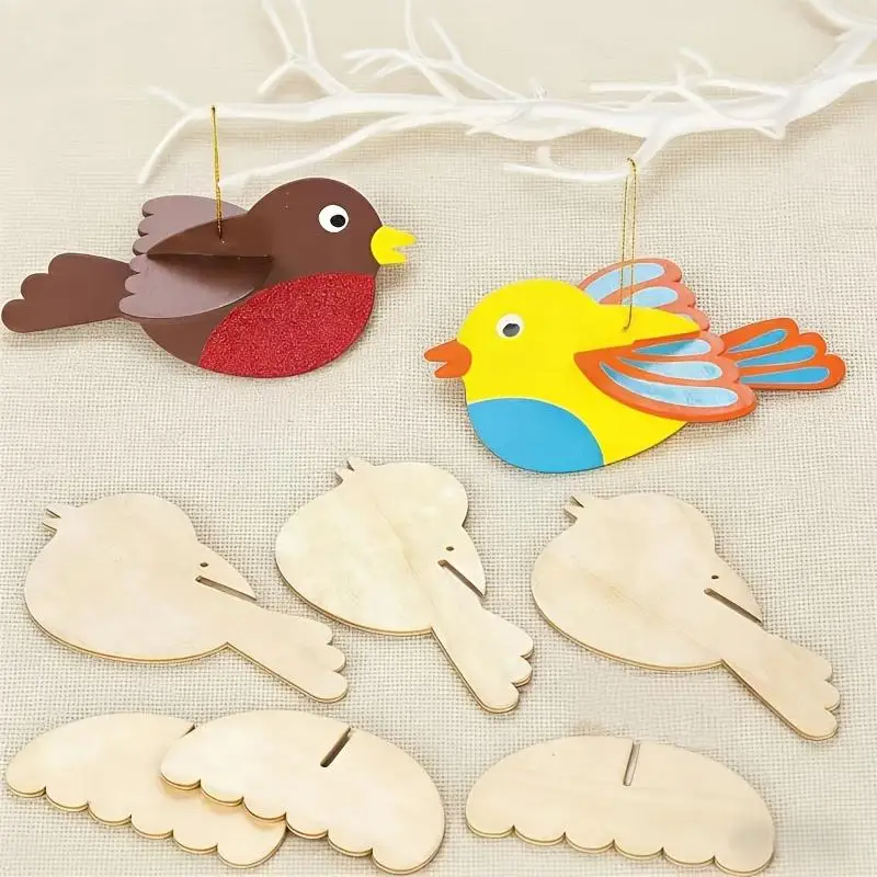5/10Pcs Blank Unfinished Wooden Bird Hanging Ornaments with Hemp Rope for DIY Craft Family Gathering Parent-child Interactive A