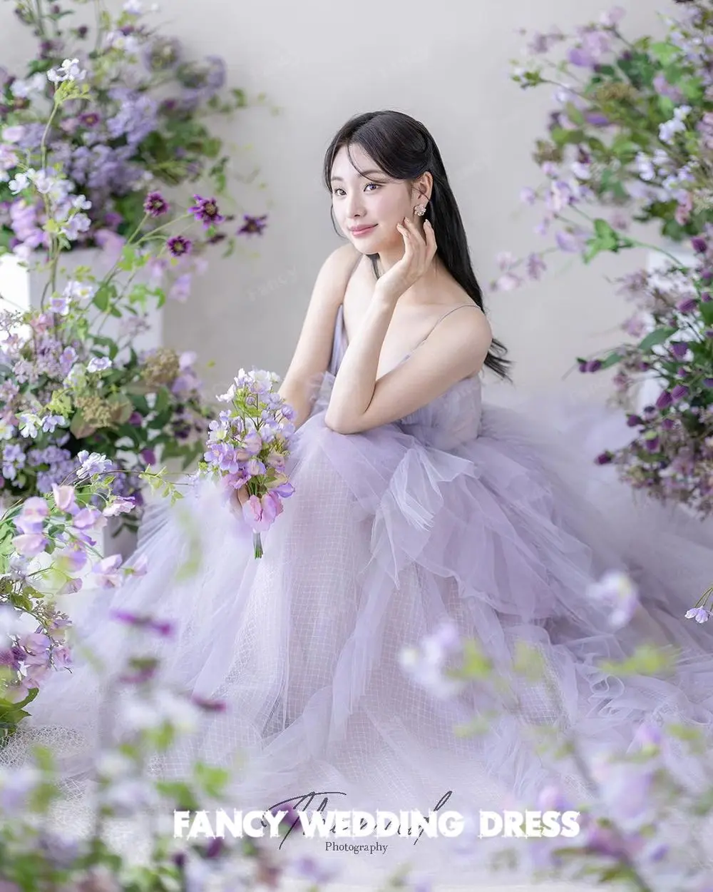 Fancy Simple Light Purple V Neck Wedding Dress Korea Photo Shoot Spaghetti Straps Sleeveless Bridal Gown Tulle customized