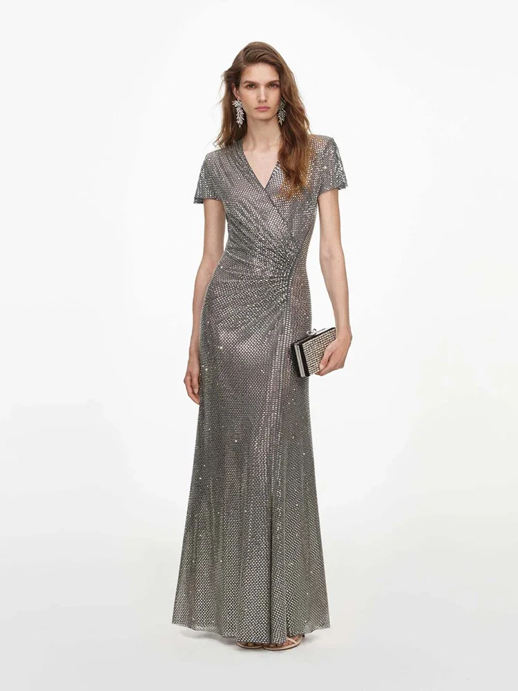 Sexy V Neck Shiny Diamonds Ruched Design Long Dress Women Short Sleeves Rhinestones Folds A-line Dresses Evening Party Gowns