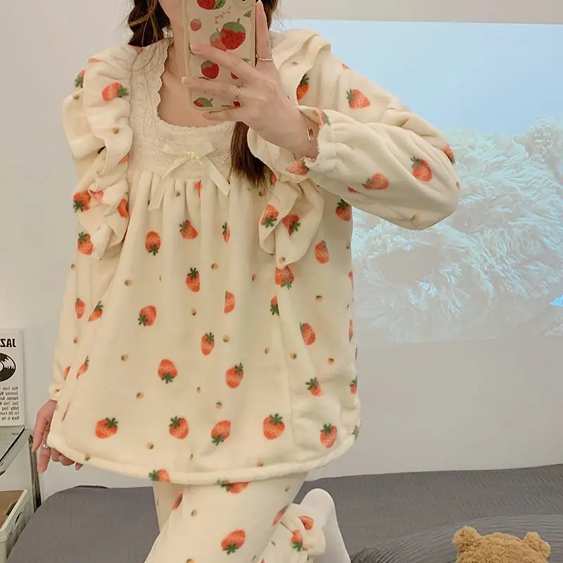 Women's Coral Fleece Pajama Set Long Sleeve Winter Warm Sleepwear Cozy Comfortable Flannel Loungewear Homewear Autumn Fashion