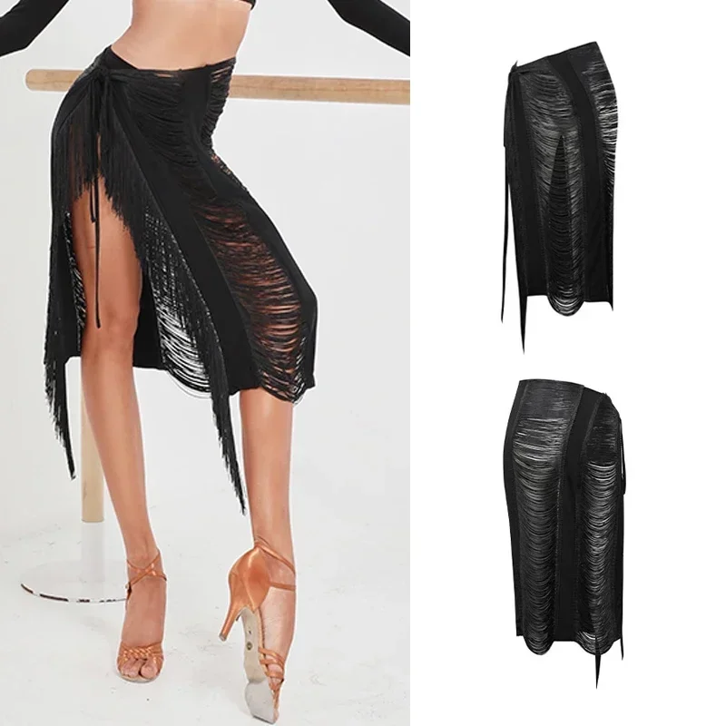 

Sexy Swing Tassels Latin Dance Skirt Women Rumba Costume Slit Black Skirt Latin Practice Wear Samba Salsa Dance Clothes DNV15462