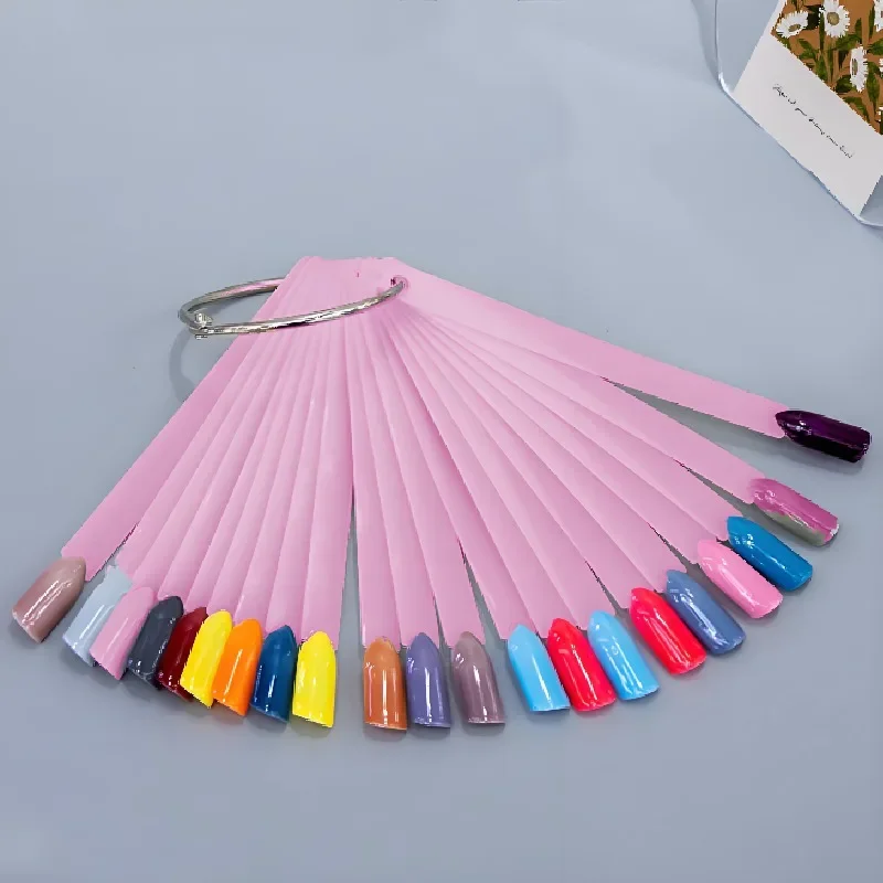 50pcs False Nail Tips Swatches Color Card Display Chart  Fingernail Full Color Fan with Ring Practise Fake Nail Card Detachable