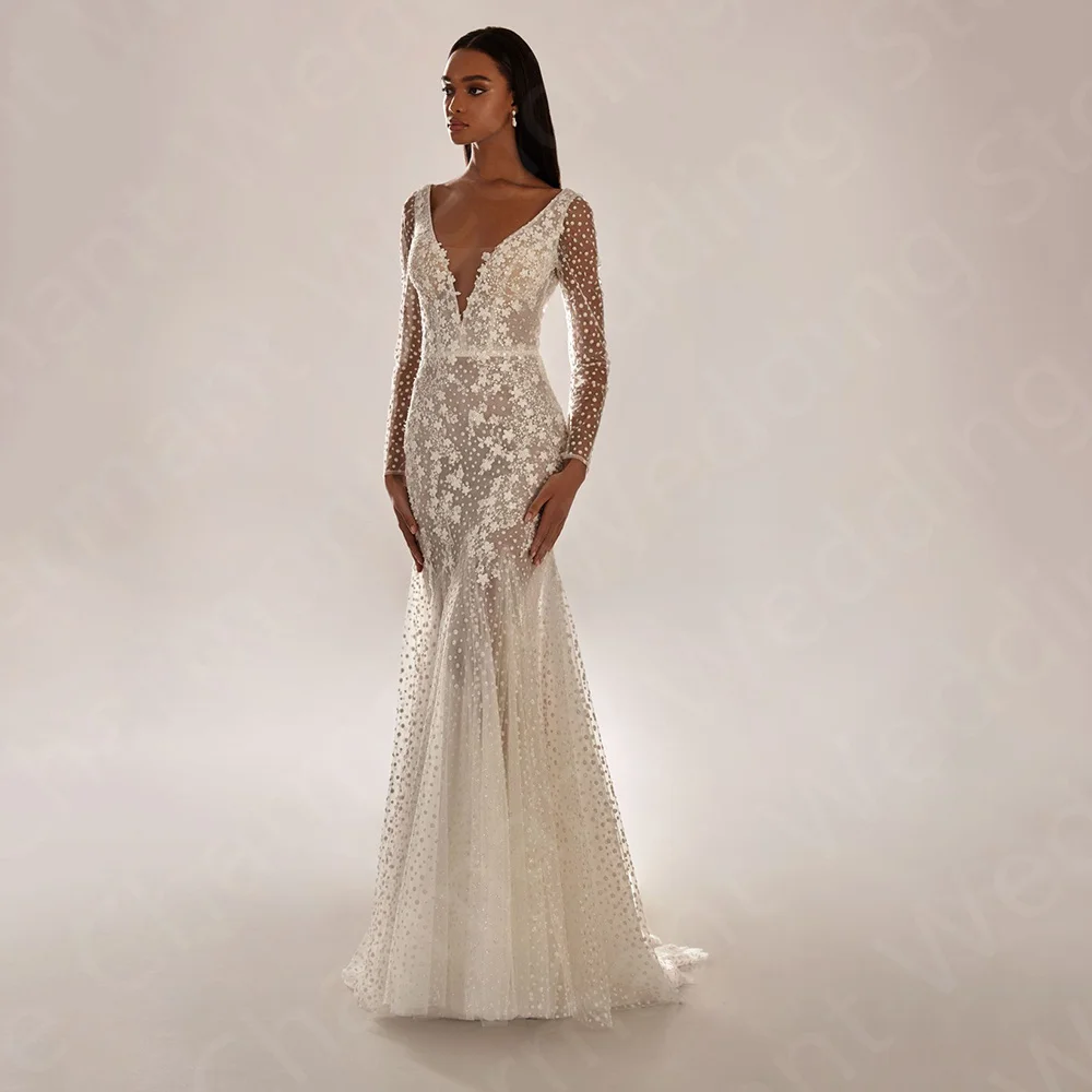 Uniek Te Koop Trouwjurken 2024 Zeemeermin Bruidsjurken Lange Mouwen Trouwjurken V Halslijn Robe De Mariée Lace Back Out