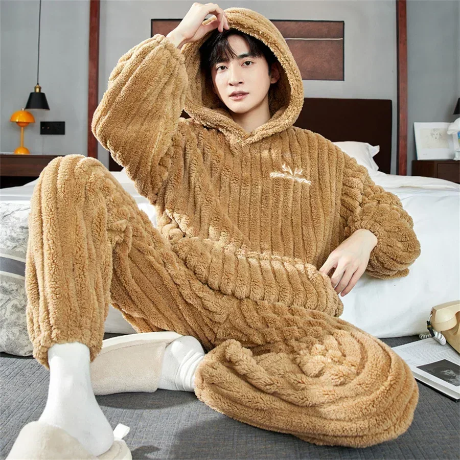 New Winter Men\'s Pajama Sets 2024 Thick Warm Hooded 2 Piece Homewear Set for Men Flannel Sleepwear Loose Long Sleeve Pajamas Men