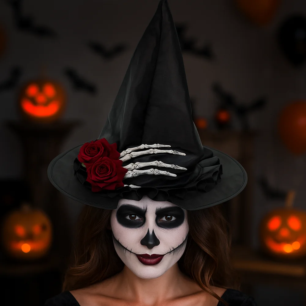 طوي الهيكل العظمي اليد الجمجمة معالج قبعة زهرة أكسفورد هالوين الساحرة القبعات الديكور قبعة الساحرة السوداء الملحقات